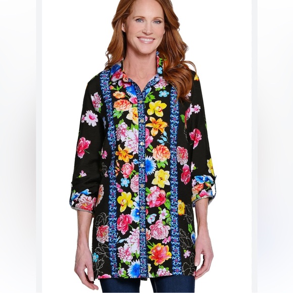 John Mark Tops - John Mark Womens Floral Button Front Tunic Top Size 1X Black Multicolor Vacation